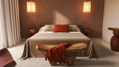 modern bedroom with cozy decor featuring a wooden bench and warm lighting, showcasing a minimalist design aesthetic; includes Homestyler's real-time 3D rendering feature for design visualization