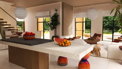 modern dining area with fruit arrangements using smart furniture layout in a contemporary style, showcasing the Homestyler real-time 3D rendering feature