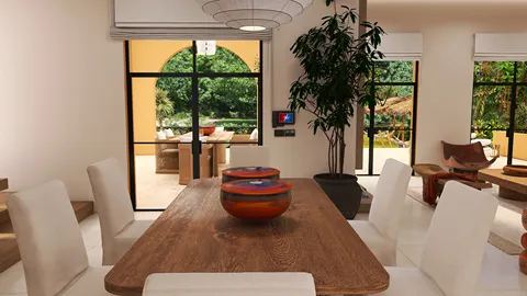 dining area with wooden table and decorative bowls showcasing modern design and open space value using Homestyler's real-time 3D rendering feature.