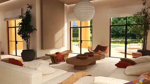 A cozy living room featuring plush sofas and a central coffee table, with large windows overlooking a garden, designed in a modern natural style. Utilize Homestyler's real-time 3D rendering for design previews.