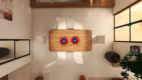 Dining room layout featuring a wooden table set for six with vibrant centerpieces, showcasing modern design and ample natural light, utilizing Homestyler's real-time 3D rendering feature for accurate space visualization.