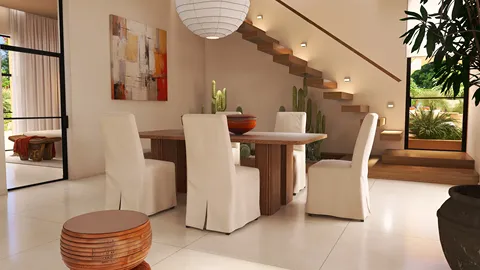 dining room with wooden table and white upholstered chairs, featuring modern design and a warm atmosphere, showcasing Homestyler's real-time 3D rendering feature