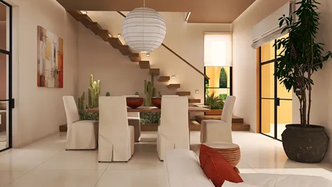 Dining area featuring a modern table and chairs designed with minimalism in mind, showcasing a warm, inviting ambiance that emphasizes open space and natural light; utilizing Homestyler's real-time 3D rendering feature to visualize the design.