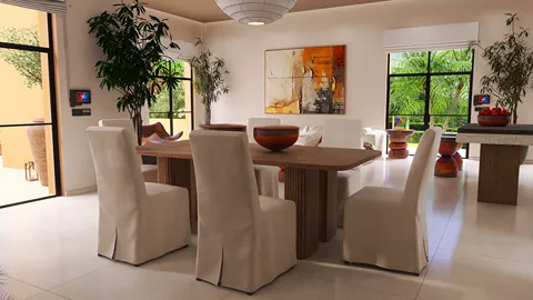 dining table surrounded by upholstered chairs showcasing a modern design style in a spacious dining area with natural light and greenery, featuring Homestyler's real-time 3D rendering for an immersive design preview.