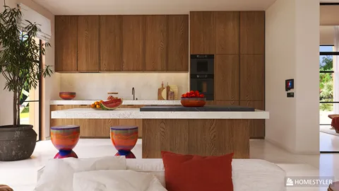 Modern kitchen with a wooden island featuring stone countertop and colorful stools, showcasing a minimalist design style, ideal for showcasing interior decor ideas using Homestyler's real-time 3D rendering feature.
