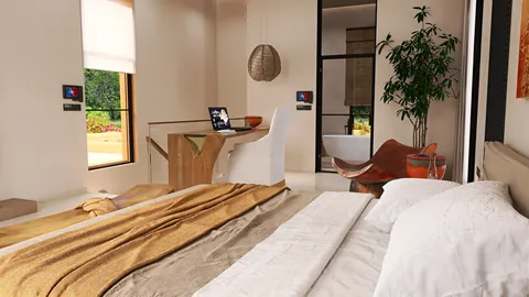 Modern bedroom design featuring a cozy bed and natural materials, optimizing space with smart furniture arrangement for a serene interior atmosphere, showcasing Homestyler's real-time 3D rendering functionality.