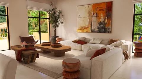 modern living room with cozy sofa arrangement and artistic wall decor, featuring a tropical style; showcasing Homestyler's smart furniture arrangement functionality