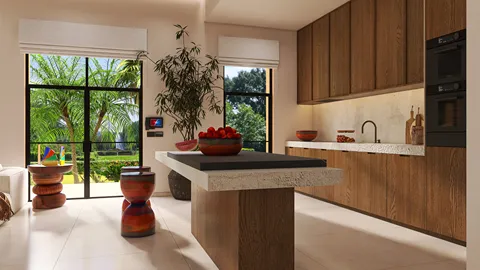 modern kitchen design featuring a large wooden island and integrated appliances in a warm earthy style, showcasing a bright and spacious ambiance, utilizing Homestyler's real-time 3D rendering for design proposal preview.