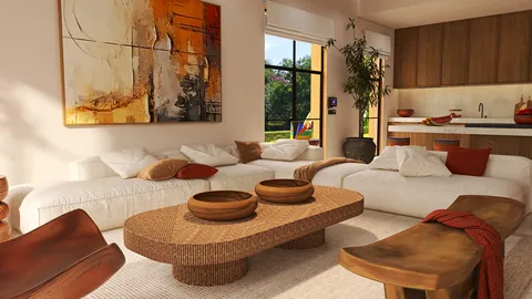 Contemporary living room with a cozy sofa arrangement, enhancing comfort and style, featuring warm tones and natural textures; interior design focused on optimizing space using Homestyler's AR furniture placement feature.