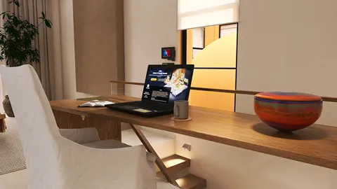 modern work desk with a laptop in a minimalist home office design showcasing an inviting atmosphere, utilizing Homestyler's real-time 3D rendering feature for an effective interior decor presentation.