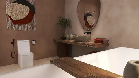 Modern bathroom featuring a freestanding bathtub and wooden sink counter in a minimalistic style, showcasing smart furniture arrangement with Homestyler's design tools.