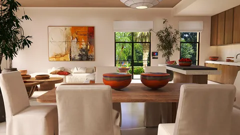 Modern dining area featuring a wooden dining table with decorative bowls, designed in a contemporary style to enhance space value using Homestyler's real-time 3D rendering feature.