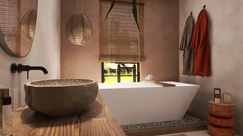 A modern bathroom featuring a freestanding bathtub, minimalist decor, and earthy tones, showcasing a tranquil space with natural lighting; includes the Homestyler core feature of real-time 3D rendering for dynamic design previews.