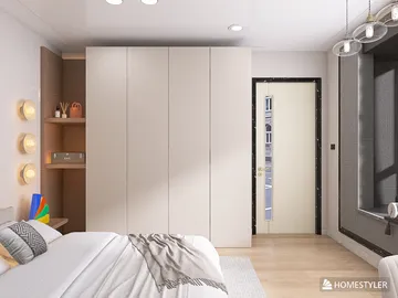 Modern bedroom with a spacious wardrobe design, featuring smart furniture arrangement for small space optimization, utilizing Homestyler's real-time 3D rendering for effective design presentation.
