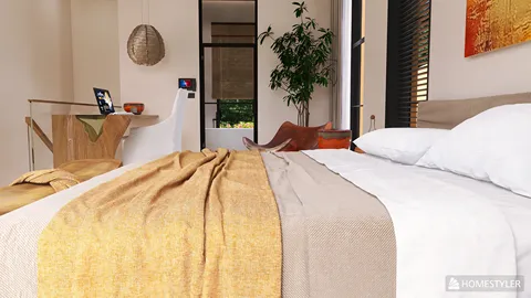 cozy bedroom featuring a modern bed arrangement with soft textiles in earthy tones, showcasing minimalist design for a relaxing atmosphere, utilizing Homestyler's real-time 3D rendering for accurate interior visualization
