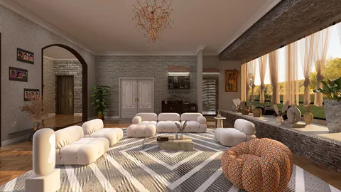 modern living room design featuring curved sofas and a textured area rug with a cozy seating arrangement, optimized for small spaces using Homestyler's smart furniture layout feature.