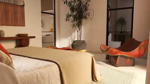 cozy bedroom with a minimalist design featuring a bed and a unique wooden chair enhancing the space's warmth, utilizing Homestyler's 3D rendering for realistic previews