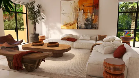 spacious living room featuring a cozy sectional sofa and rustic coffee table designed with a modern aesthetic, ideal for enhancing interior decor using Homestyler's real-time 3D rendering feature.