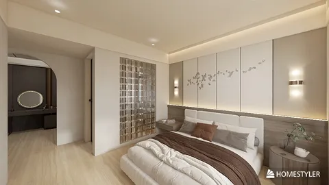 modern bedroom design featuring a cozy bed with layered linens and decorative pillows, incorporating smart furniture arrangement and soft lighting for an inviting atmosphere; capturing the essence of contemporary interior decor with Homestyler's real-time 3D rendering capabilities.