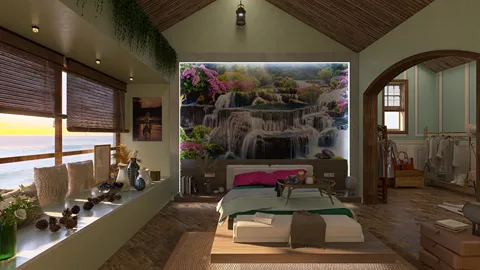 bedroom with a waterfall mural featuring furniture arrangement in a natural style, enhancing the serene ambiance using Homestyler's real-time 3D rendering feature.