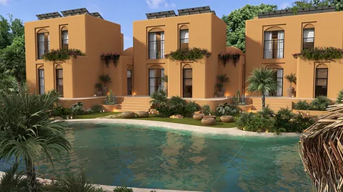 three modern villas design complemented by lush landscaping and a serene pond, showcasing a Mediterranean style that enhances outdoor living space; featuring real-time 3D rendering capability of Homestyler.