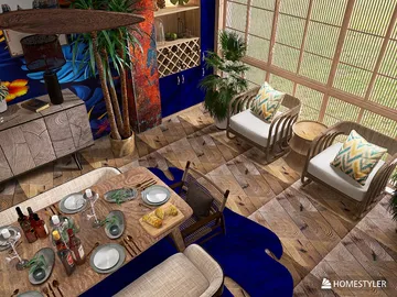 Dining area featuring a wooden table set with dinnerware and drinks, complemented by tropical plants and artistic decor, showcasing a vibrant and modern interior design style, utilizing Homestyler's real-time 3D rendering for a detailed view of the space.