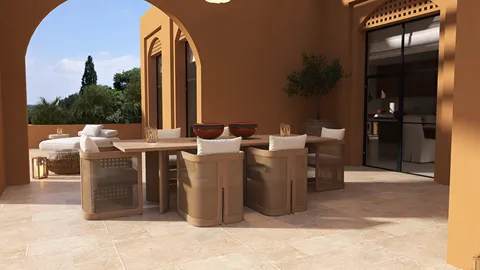 outdoor dining area with a wooden table and comfortable chairs, featuring a modern Mediterranean style, showcasing Homestyler's real-time 3D rendering capabilities for interior design visualization.