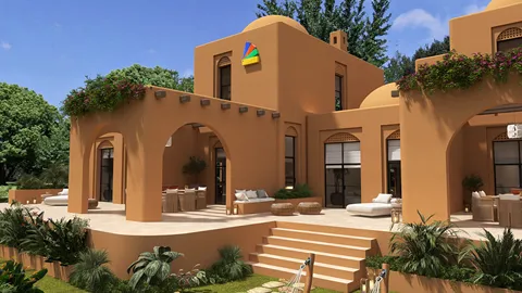 modern villa exterior showcasing outdoor relaxation areas with lush greenery, featuring a warm color palette and stylish architecture, highlighting Homestyler's real-time 3D rendering capability.