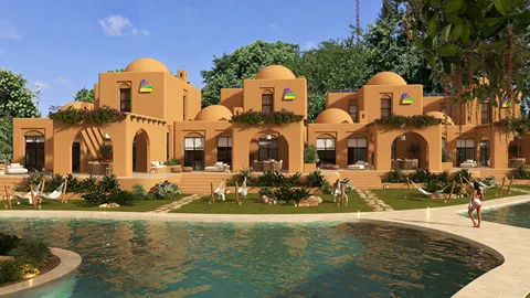 exterior view of a modern villa design incorporating traditional elements, showcasing a blend of colors and textures, ideal for landscape enhancement using Homestyler's real-time 3D rendering feature