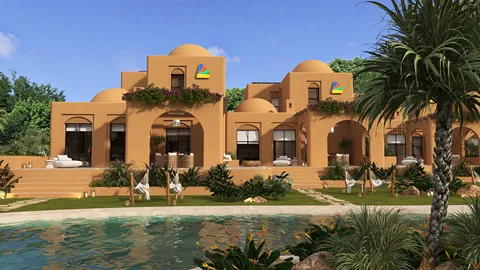 desert villa exterior featuring a modern architectural design with rounded domes, surrounded by lush greenery and water, showcasing a tranquil retreat ambiance, designed using Homestyler's real-time 3D rendering feature for detailed visualization.