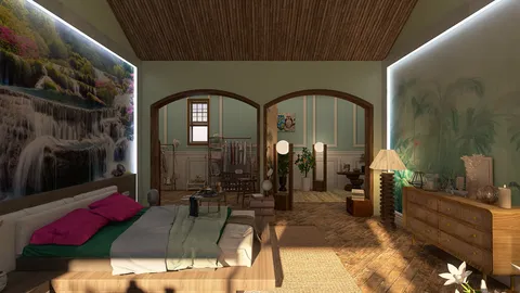A serene bedroom featuring a wooden bed with colorful bedding, showcasing a nature-inspired wall mural, designed in a rustic style to enhance cozy living. Utilizing Homestyler’s real-time 3D rendering for a visual preview.