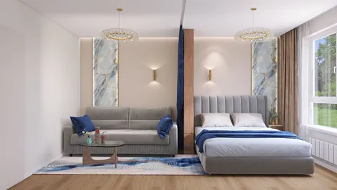 A modern bedroom featuring a stylish gray bed and sofa, showcasing a chic design with decorative lighting and blue accents, ideal for creating a cozy interior space. This image highlights Homestyler's real-time 3D rendering functionality.