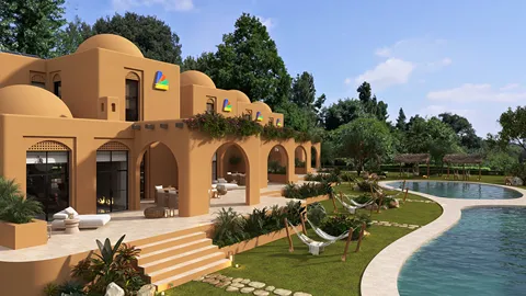 exterior of a Mediterranean-style villa featuring a scenic poolside area with landscaped gardens, showcasing a luxury outdoor living space with emphasis on relaxation and recreation, utilizing Homestyler's real-time 3D rendering feature