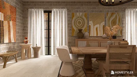 dining area featuring a wooden table and chairs, showcasing a rustic style with textured walls and artistic decorations, optimized for interior decor using Homestyler's real-time 3D rendering feature.
