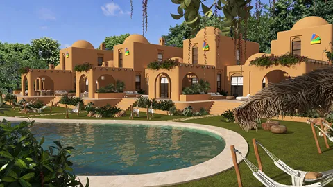 exterior villa design featuring a pool and greenery with a Mediterranean style, showcasing Homestyler's real-time 3D rendering capability