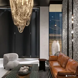 modern living room design with a stylish chandelier lighting featuring a cozy leather sofa and decorative elements, showcasing interior decor optimization with Homestyler's real-time 3D rendering feature