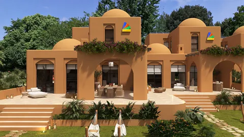 exterior view of a modern adobe-style villa featuring an outdoor lounge area and landscaped garden showcasing vibrant colors and textures, utilizing Homestyler's real-time 3D rendering to display accurate design proposals