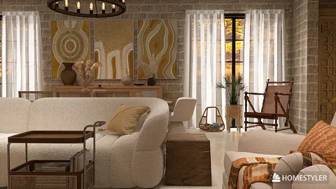 Cozy living room featuring a modern sofa arrangement with warm decor elements, styled for interior comfort and inviting ambiance, utilizing Homestyler's real-time 3D rendering.
