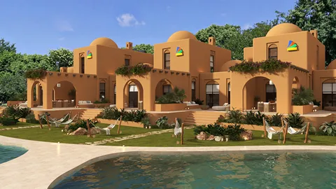 modern adobe-style villa design showcasing outdoor relaxation areas by the pool with hammocks and lush greenery, featuring Homestyler's real-time 3D rendering for effective visual presentation.