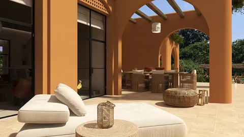 outdoor lounge area with modern furniture and rustic decor, showcasing an inviting Mediterranean style, utilizing Homestyler's real-time 3D rendering for design visualization.