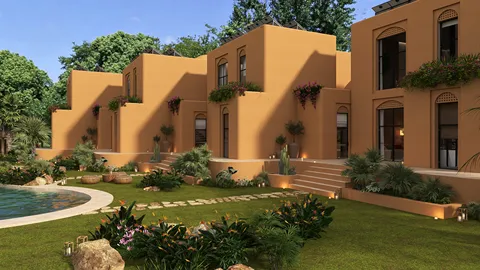 Modern residential building exterior design featuring a spacious garden landscape with stone pathways, showcasing contemporary architecture and vibrant greenery, utilizing Homestyler's real-time 3D rendering feature for detailed presentation.