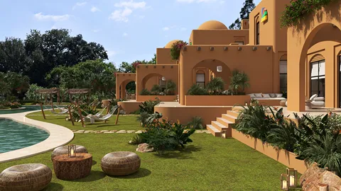 exterior villa design showcasing an elegant poolside oasis with vibrant landscaping and warm earthy tones, using Homestyler's real-time 3D rendering feature for immersive visual presentation.