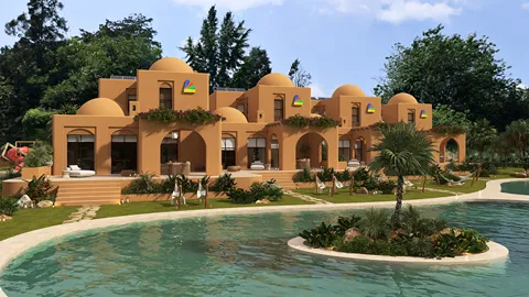 desert-style resort buildings overlooking a serene lake, featuring natural materials and earthy tones, showcasing a tranquil outdoor space with lush greenery, utilizing Homestyler's real-time 3D rendering for design previews.
