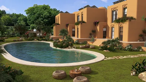 modern villas by the pool with lush greenery and outdoor seating, showcasing contemporary architecture in a tranquil garden setting, enhanced using Homestyler's real-time 3D rendering feature.