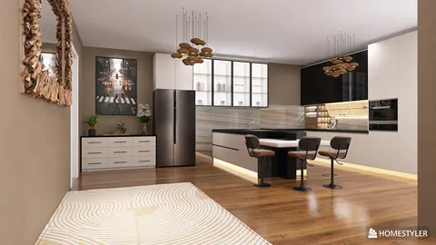 Modern kitchen with sleek cabinetry and a central island designed for optimal space utilization featuring Homestyler's real-time 3D rendering.