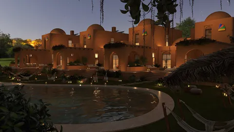 Stunning outdoor view of a contemporary villa featuring a luxurious pool illuminated at night, showcasing an elegant architectural style that highlights natural materials; designed with Homestyler's real-time 3D rendering feature for an immersive experience.