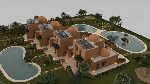 3D architectural rendering of a luxury villa complex featuring a unique dome design, showcasing vibrant landscaping, swimming pools, and outdoor seating areas for leisure and relaxation, highlighting Homestyler's real-time 3D rendering capability.