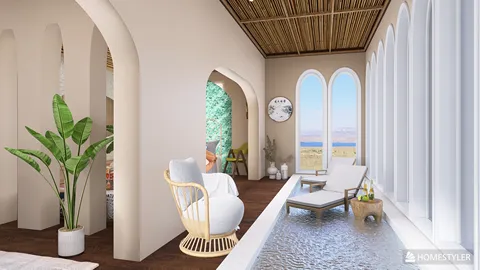 A spacious living area with a serene water feature, featuring modern furniture arrangements in a contemporary style, providing a tranquil ambiance for relaxation, utilizing Homestyler's real-time 3D rendering for design visualization.