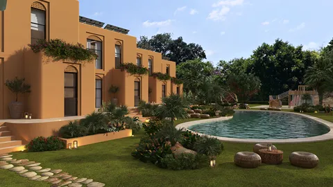 Exterior view of a modern villa featuring lush landscaping and a circular swimming pool, designed using Homestyler for outdoor living space optimization.