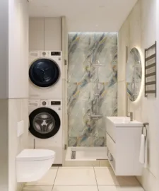 modern bathroom featuring stacked washer and dryer, optimizing small space with sleek design and contemporary aesthetic, showcasing smart furniture arrangement using Homestyler's real-time 3D rendering.